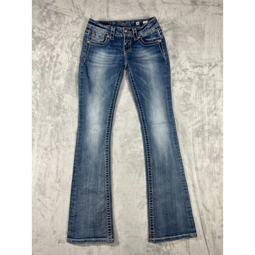 Miss Me Jeans Womens 25 Mid Rise BootCut Flap Pocket Embellished Stretch Western - Picture 2 of 14